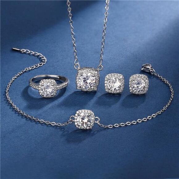 4 Piece Wedding Jewelry Set for Bride Bridesmaid Cubic Zirconia Silver Fashion - Picture 1 of 8